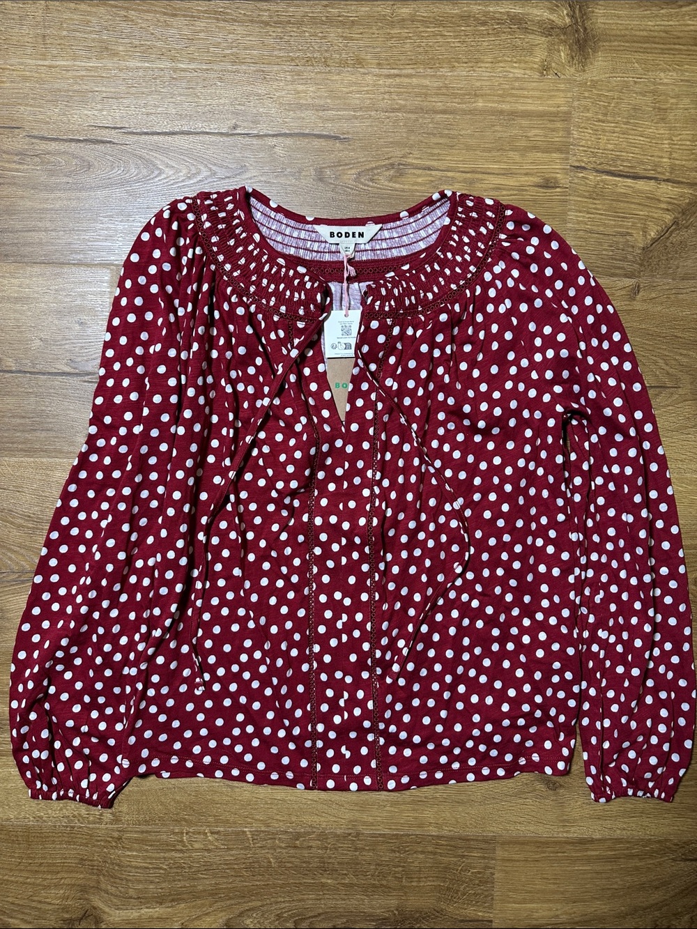 Boden Red and White Polka Dot Long Sleeve Peasant Top Size 2 (Small)